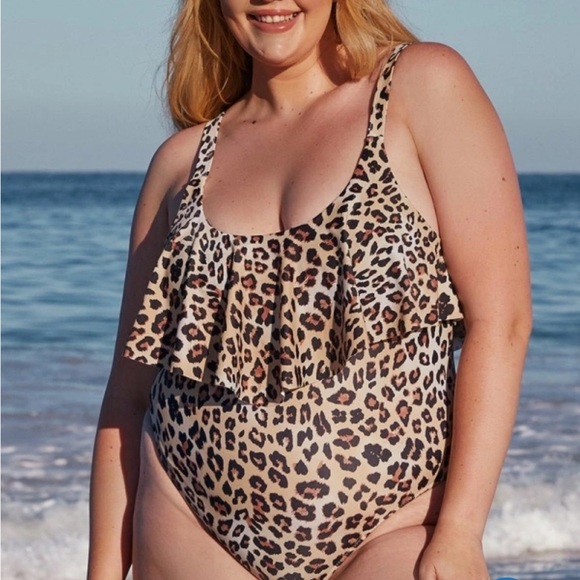 NEW Popvil Plus Size Ruffle Leopard Printed Brown One-piece Swimsuit - Picture 3 of 10